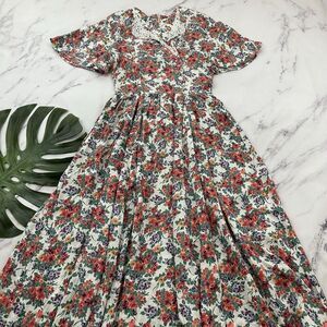 Maggie Lawrence Womens Vintage 90s Floral Dress Size 10 Pink Green Lace Pockets